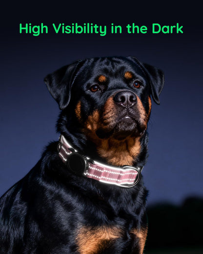 Airtag Dog Collar, IPX8 Waterproof Air Tag Dog Collars Holder | Reflective Ultra-Durable | Soft Padded | Lock Buckle | Heavy Duty | Fit Large Dogs(Pink,L(15"～24"))