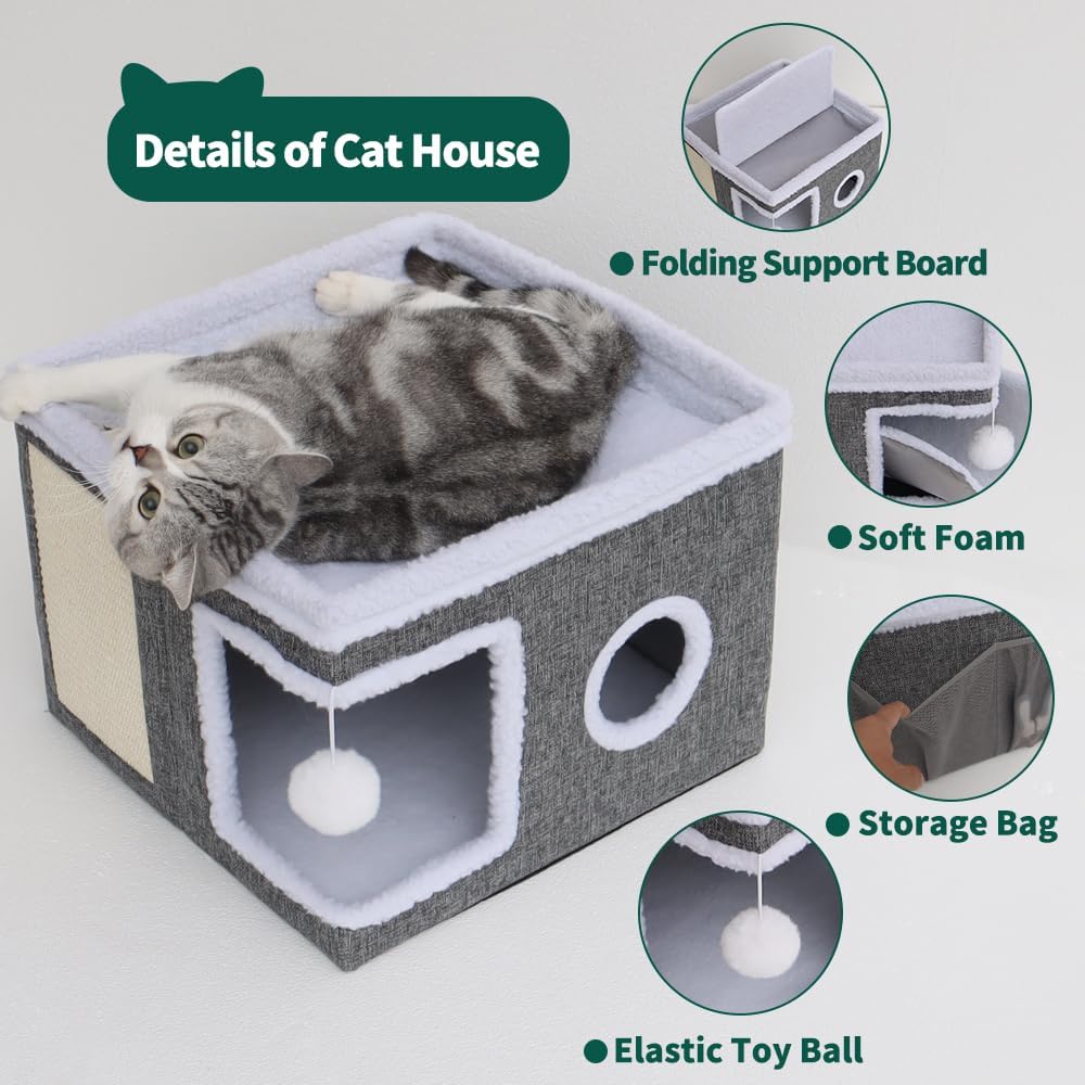 Beds for Indoor Cats,Large Cat Cave for Pet Cat House with Fluffy Ball Hanging and Scratch Pad,Side with Toy Storage Bag,Non-Slip Bottom