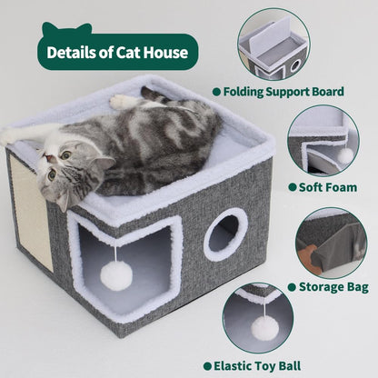 Beds for Indoor Cats,Large Cat Cave for Pet Cat House with Fluffy Ball Hanging and Scratch Pad,Side with Toy Storage Bag,Non-Slip Bottom