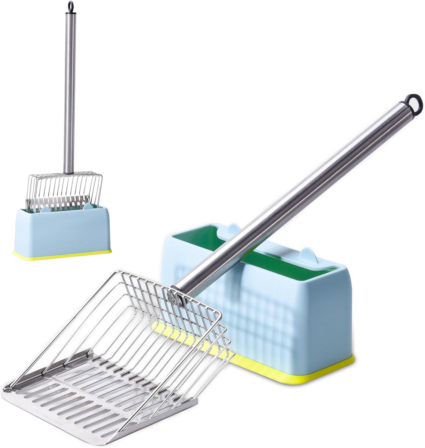 Metal Cat Litter Scoop with Holder Stainless Steel Kitten Poop Scooper, 17.5" Heavy Duty Pet Poop Sifter for Cat Box, Long Handle Large Waste Shovel, Fast Sifting Big Clumps, Solid & Durable