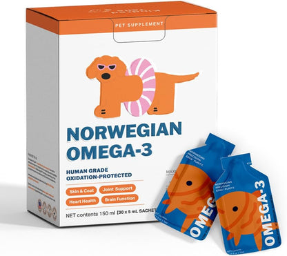 Norwegian Omega 3 for Dogs – Human Grade Fish Oil with IFOS 5-Star, Maximum Absorption, Patented, Vet Approved, Supports Skin & Coat, Joints, Heart & Brain, Individually Sealed Sachets