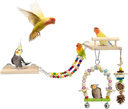 5-in-1 Parakeet Toys Set: Detachable Bird Playground with Wooden Perch, Swing, Ladder, & Platform Cage Accessories for Cockatiel, Conure, Lovebird, Budgie, Finch