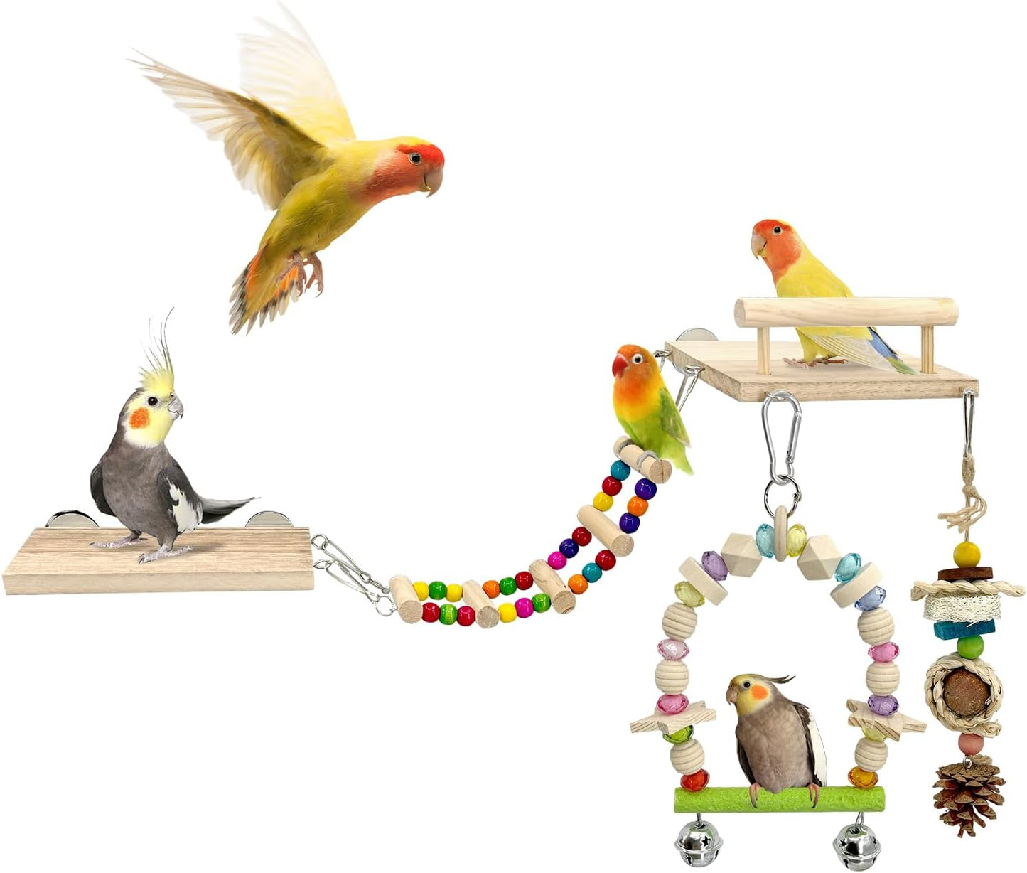 5-in-1 Parakeet Toys Set: Detachable Bird Playground with Wooden Perch, Swing, Ladder, & Platform Cage Accessories for Cockatiel, Conure, Lovebird, Budgie, Finch