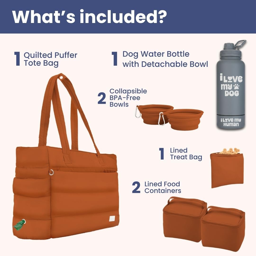 rubyloo Dog Mom Essentials Bundle - Puffer Tote with Storage Containers (Rust) and 32 oz Water Bottle with Detachable Bowl (I Love My Dog) - Travel Bag and Hydration Set