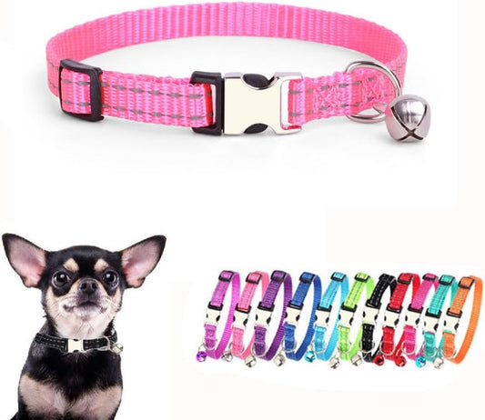 Puppy Collar with Bell, Reflective Nylon Metal Buckle Cat Collar with Bells for XXS XS Tiny Pet Little Dogs Girl Kitten Female Small Animal, Pink X-Small