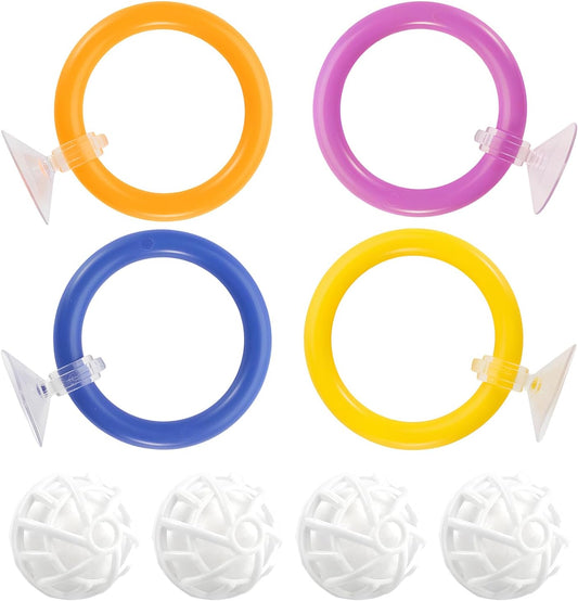 8 Pcs Betta Fish Toys, 4Pcs Betta Fish Tank Accessories and Turtle Toys for Aquatic Turtles with 4 Filter Balls (40mm), Aquarium Training Feeding Ring