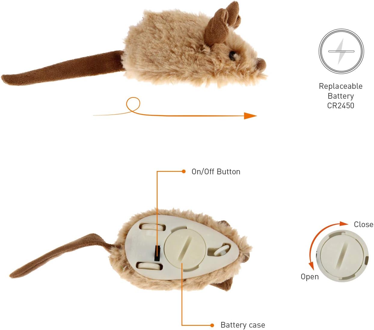 Gigwi Interactive Cat Toy Mouse, Moving Automatic Cat Toys Mice Electronic with Furry Tail, Automatic Squeaky Cat Toys for Kitten Indoor/Outdoor Exercise (Brown-Ear)
