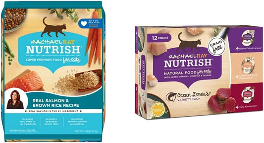 Rachael Ray Nutrish Salmon & Brown Rice 14 Pounds Dry Cat Food + Ocean Lovers Variety Pack 2.8 Ounce (Pack of 12) Wet Cat Food Bundle