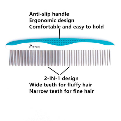 Pet Comb, Stainless Steel Teeth Comb for Dogs & Cats, Pet Hair Comb for Home Grooming Kit, Removes Knots, Mats and Tangles, 7 1/4"