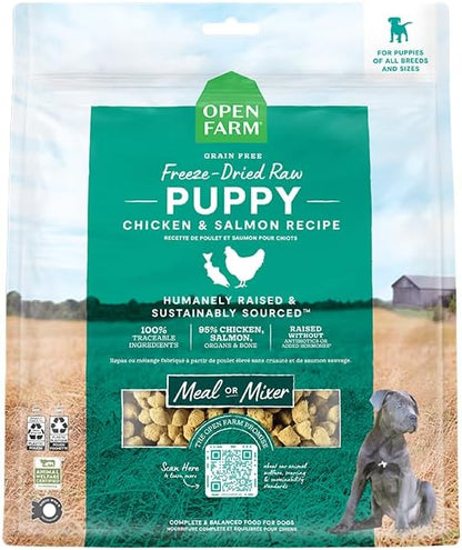 Open Farm, Freeze Dried Raw Puppy Food, Morsels with 95% Meat, Organs & Bone, Organic Produce & Superfoods, Complete Meal or Freeze Dried Dog Food Topper, Chicken & Salmon Puppy Recipe, 13.5oz Bag