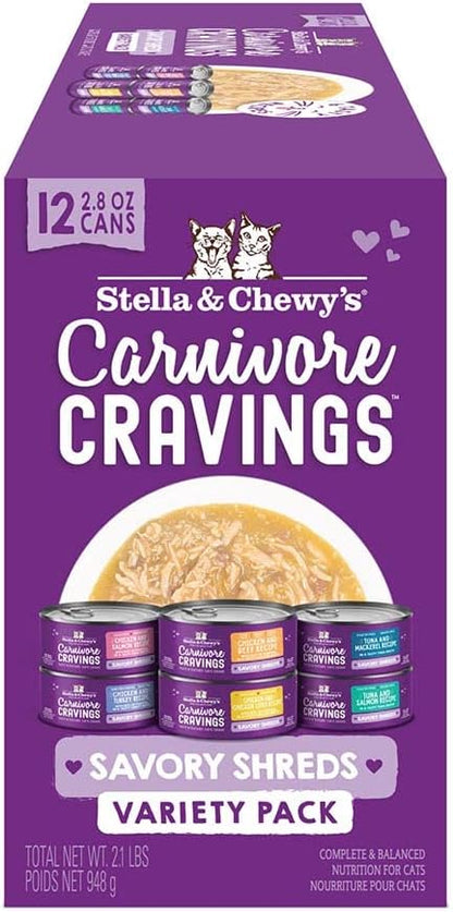 Stella & Chewy’s Carnivore Cravings Savory Shreds Canned Wet Cat Food Variety Pack – (2.8 Ounce Cans, Case of 12)