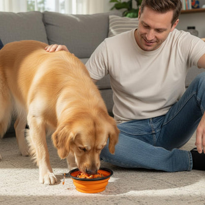 Collapsible Cat Bowl, Maze Design Pet Puzzle Feeder, 650ml Dog Slow Feeding Bowls, Dog Slow Feeding Bowl with Carabiner Portable BPA-Free Silicone Pet Bowls for Hiking, Travel, Camping - Color Orange