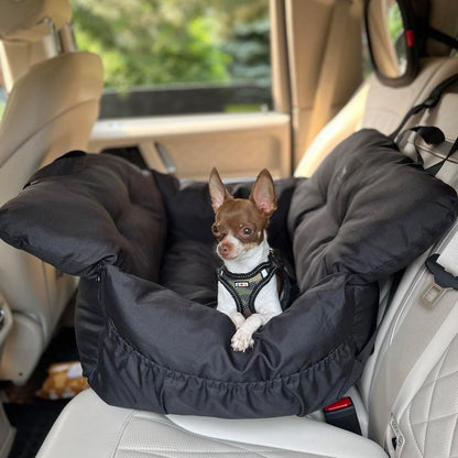 JACKO & CO Premium Dog Car Seat – Safe & Cozy Travel Bed and Carrier for Small Dogs, Puppies, Pets up to 25 lbs, Clip-On Leash & Storage Pockets, Water-Resistant, Machine Washable (Black, Small)