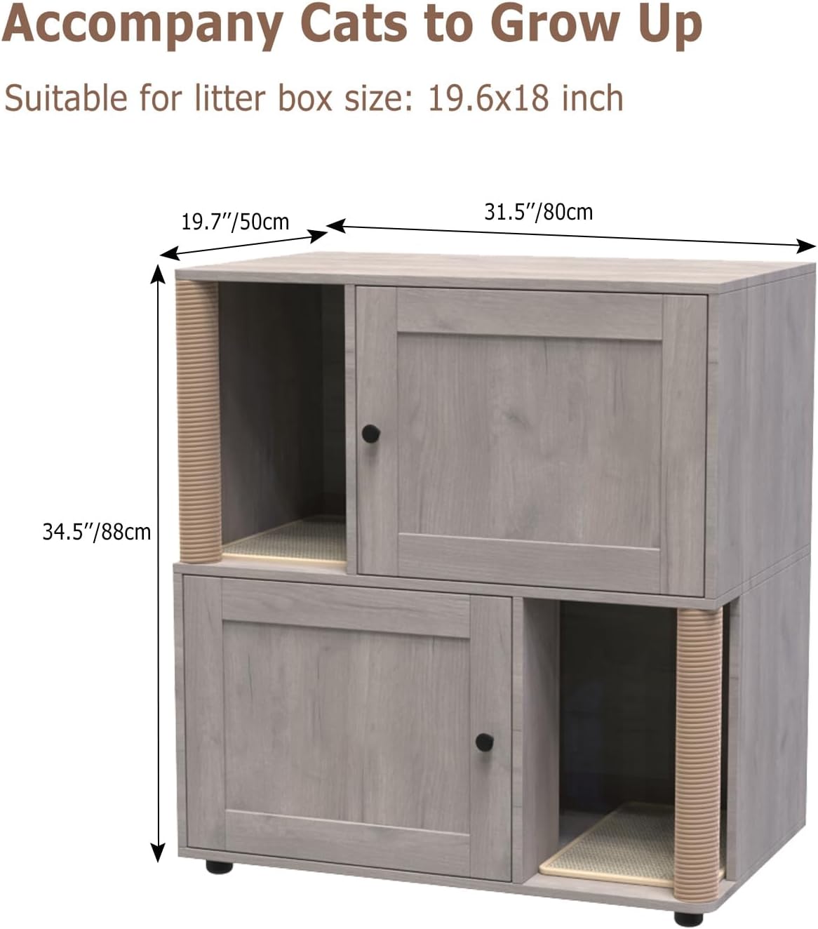 GarveeLife Cat Litter Box Enclosure for 2 Cats, Litter Box Enclosure with Double Room, Hidden Enclosed Cat Litter Box Furniture with Scratch Posts and Double-Layer Litter Mats Grey