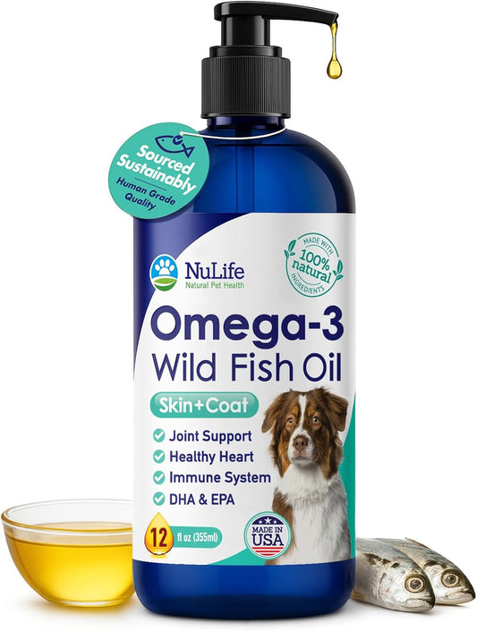 Liquid Fish Oil for Dogs with Omega 3, 6 & 9 Fatty Acids, Wild Caught from Iceland, Skin and Coat Supplement for Shedding, Itchy Skin, Allergies, Brain and Heart Health, Rich in EPA + DHA - 12 oz