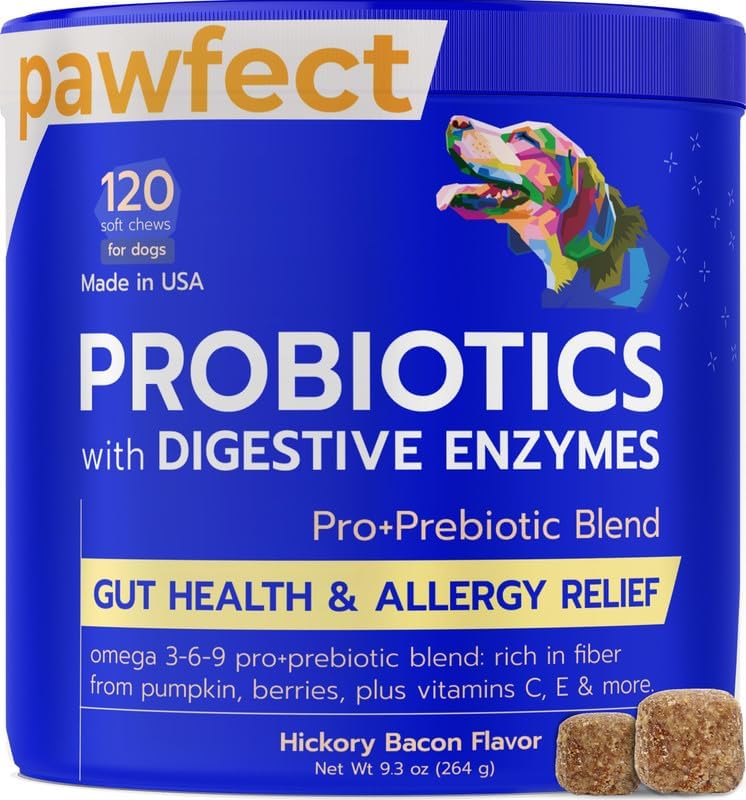 Probiotics for Dogs + Digestive Enzymes - Omega and Pumpkin - Gut Health and Immune Support -Relieves Diarrhea,Gas,Constipation- Made in USA - 120 Chews Pack of 1 Bacon