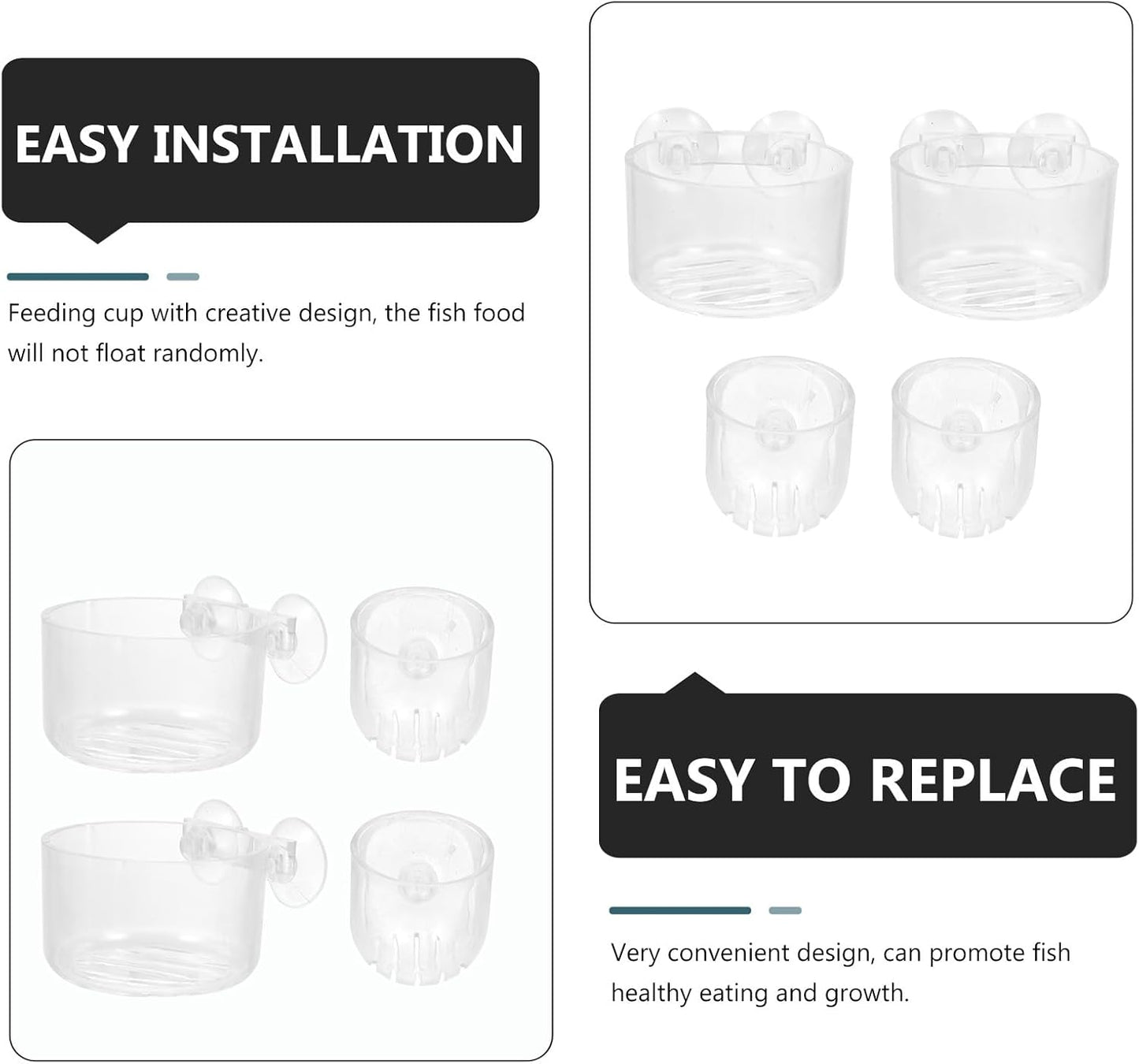 GALPADA 4Pcs Acrylic Fish Tank Feeding Bowls with Suction Cups Round and Oval Feeding Cups for Aquarium Fish and Shrimp for Aquatic Pets