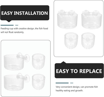 GALPADA 4Pcs Acrylic Fish Tank Feeding Bowls with Suction Cups Round and Oval Feeding Cups for Aquarium Fish and Shrimp for Aquatic Pets