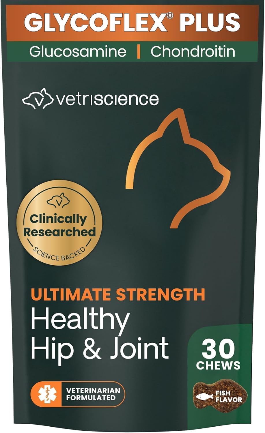 VetriScience Ultimate Strength Healthy Hip & Joint Chews, GlycoFlex Glucosamine, Chondroitin and Green-Lipped Mussel Joint Supplement for Cats, Soothe Joint Discomfort, Fish, 30 Count