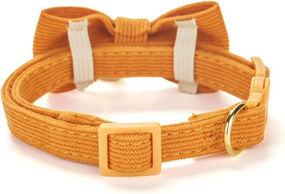Cotton Breakaway Kitten Collar with Bow Tie and Bell Adjustable Cute Soft Corduroy Cat Collars for Small Cats(Orange,XS)