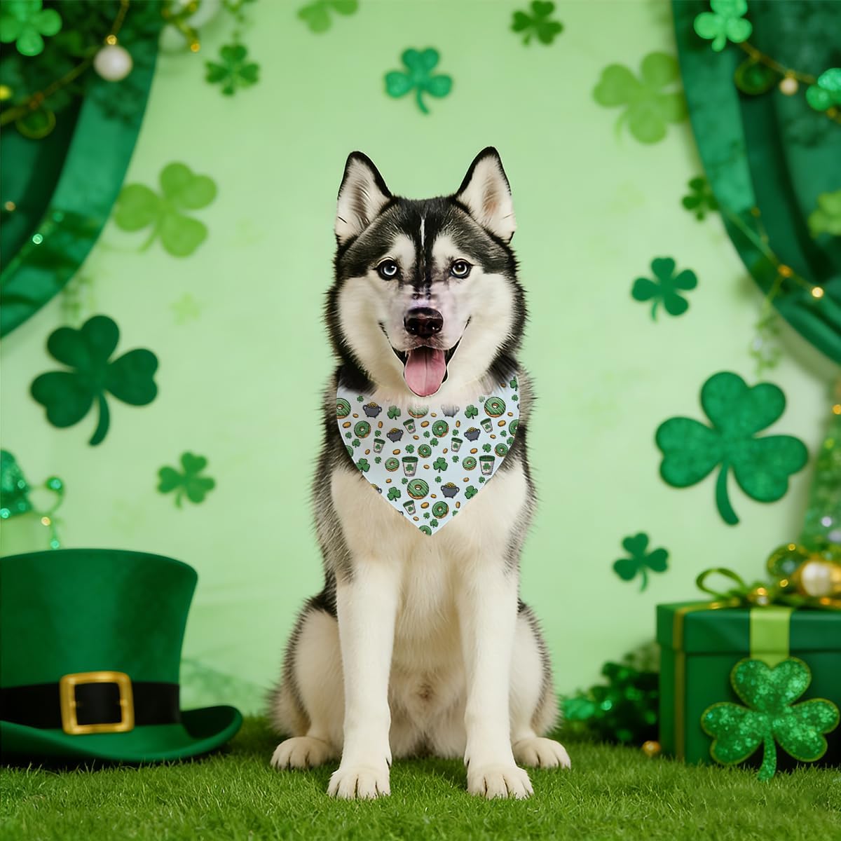 St. Patrick's Day Dog Bandana, Donuts and Clover Print Pet Bandana, Holiday Pet Photoshoot Accessories, Adjustable Triangle Dog Scarf for Small Medium Dogs