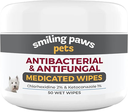 Smiling Paws Pets - Antibacterial & Antifungal Wipes for Dogs & Cats (with Chlorhexidine & Ketoconazole)