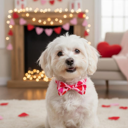 Valentine Dog Collar with Bow Tie, Holiday Quick-Release Red and Pink Heart with White Polka Dots Pattern for Small Medium Large Pets Puppies
