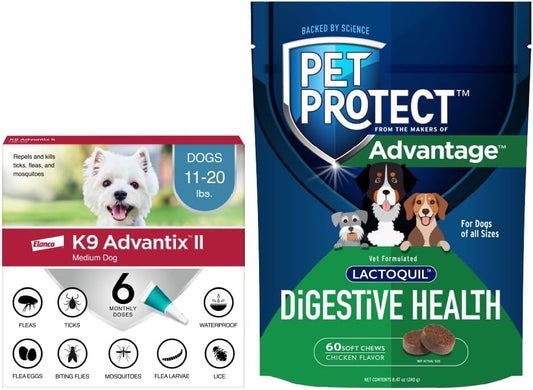 Bundle of K9 Advantix II Medium Dog| Dogs 11-20 lbs. | 6-Mo Supply + Pet Protect Dog Digestive Health Supplement | 60 Chews