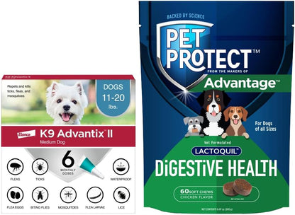 Bundle of K9 Advantix II Medium Dog| Dogs 11-20 lbs. | 6-Mo Supply + Pet Protect Dog Digestive Health Supplement | 60 Chews