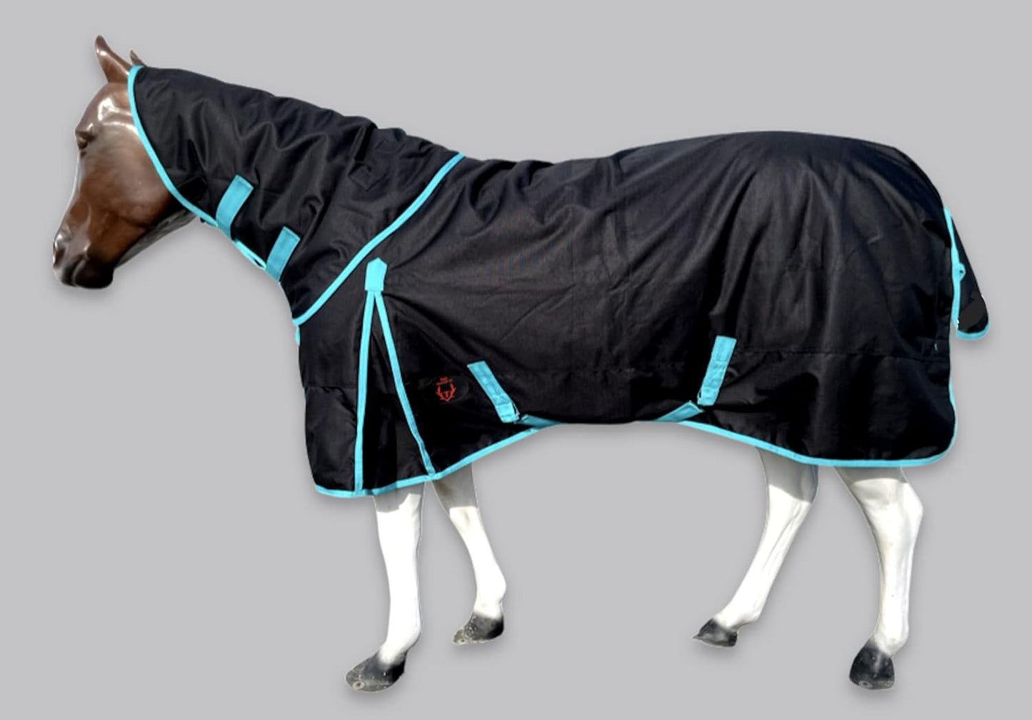 Horse RAIN Sheet with Neck Cover | 1200Denier Horse Rainsheet with Hood | Horse Turnout Sheet With Neck |Horse Rainsheet Combo (Waterproof | Breathable) (Black-with-Turquoise-Trim, 78)
