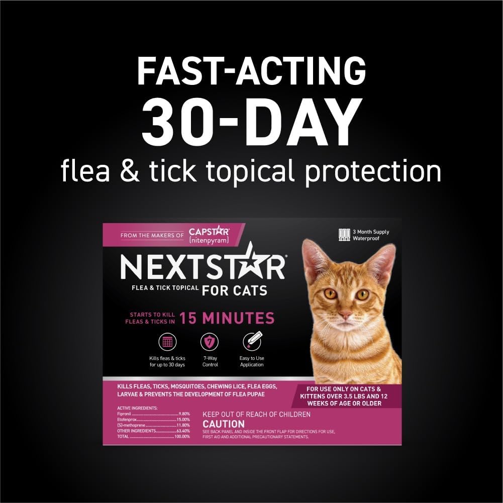 NEXTSTAR Flea and Tick Prevention for Cats, Repellent, Treatment, and Control, Fast Acting Waterproof Topical Drops for Cats Over 3.5 lbs, 3 Month Dose