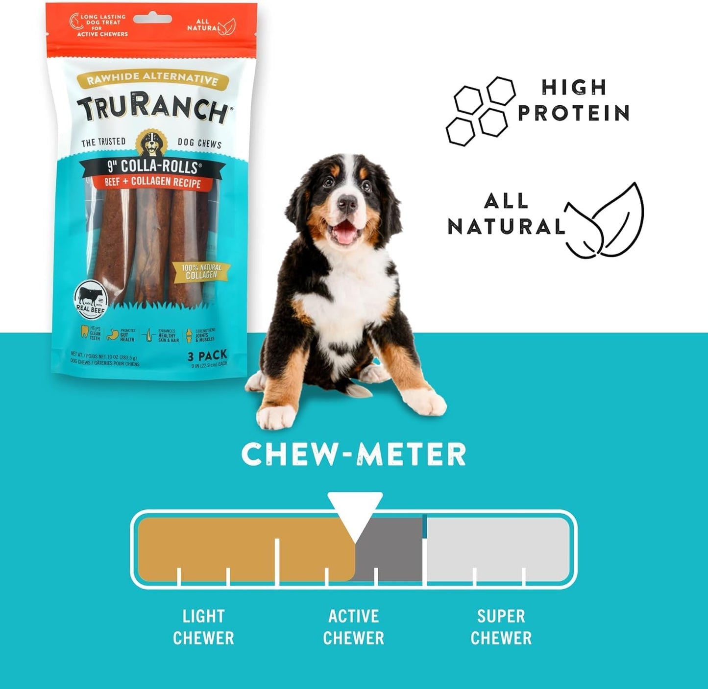 TRURANCH Collagen Rolls - 9" Collagen Rolls for Dogs - Long Lasting Healthy Joint Support Dog Treat - Rawhide Alternative - Skin & Coat Health - Made with Real Beef, 1 Bag, 3 Count