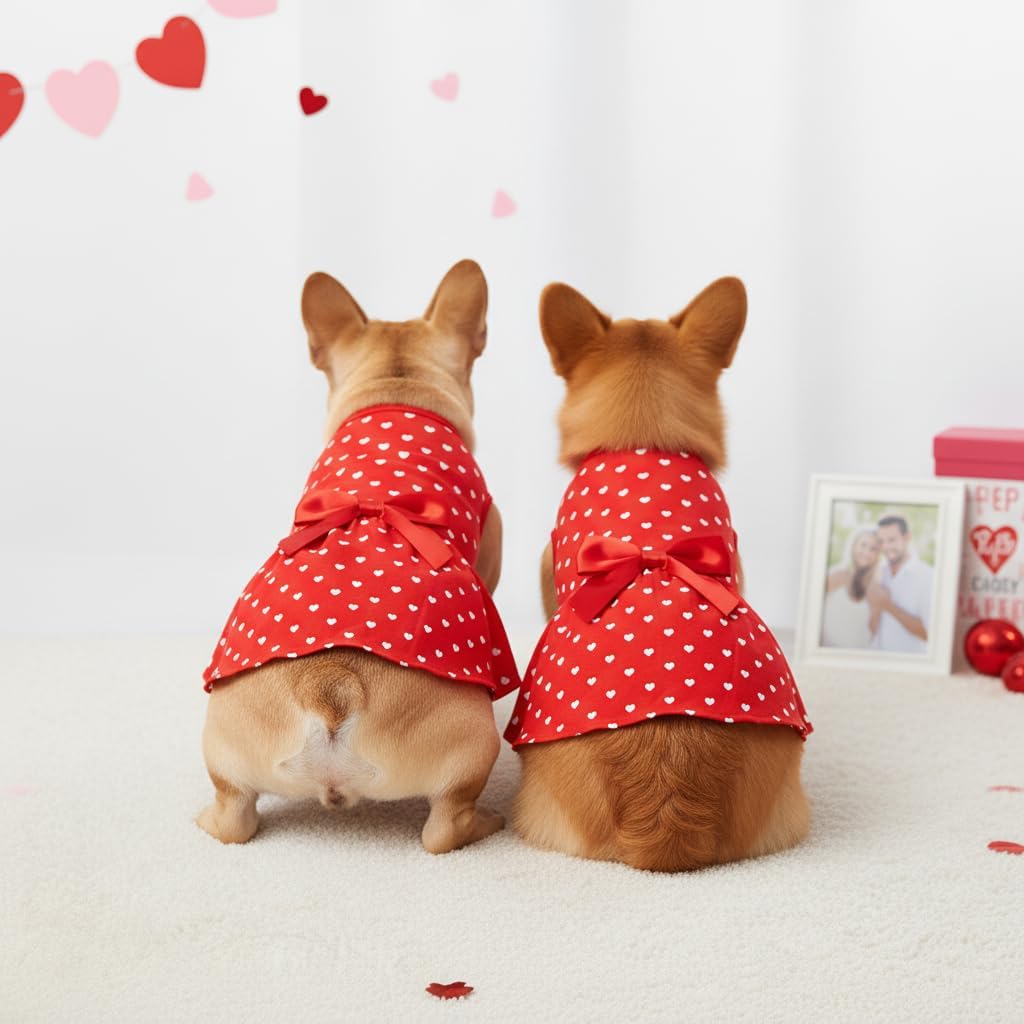 Valentine's Day Red Dog Dress, Cute White Heart Print & Satin Bow for Small Puppies, Pet Costume Party Outfit
