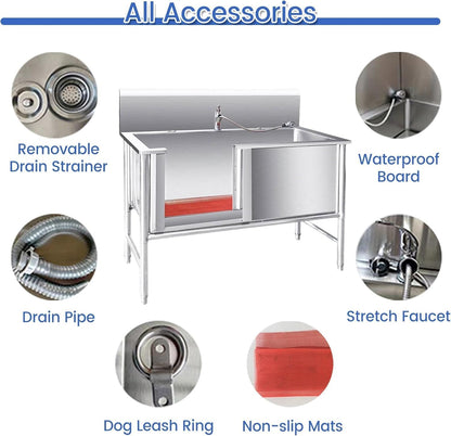 Stainless Steel Professional Pet Dog Grooming Bath Tub for Animal, Elevated Dog Wash Station, Large Pet Bathtub with Drain, Sliding Door, Faucet, Non-Slip Mat(Depth 50 cm)