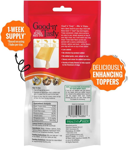 Good 'n' Tasty Triple Flavor Puree Mix-Ins Dog Food Topper Treats for All Dogs, 7 Count, Easy Single-Serve Portions, Added Protein with Chicken, Salmon and Duck (Pack of 2)