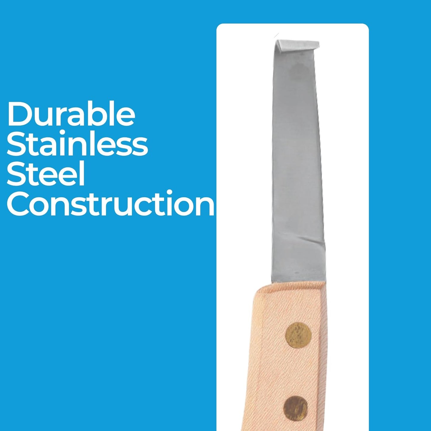 Hoof Knife Single Sided Edge Wide Blade – Stainless Steel Curved Blade Farrier Tool with Fine Wooden Grip, Multipurpose Hoof Trimming Knife for Livestock, 3-Inch Blade, 8.5-Inch Overall