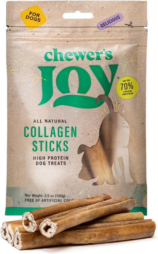 Chewer's Joy Collagen Sticks 5-6" (5 Count) - Natural Dog Treats - Single Ingredient Long-Lasting Chews, High Protein