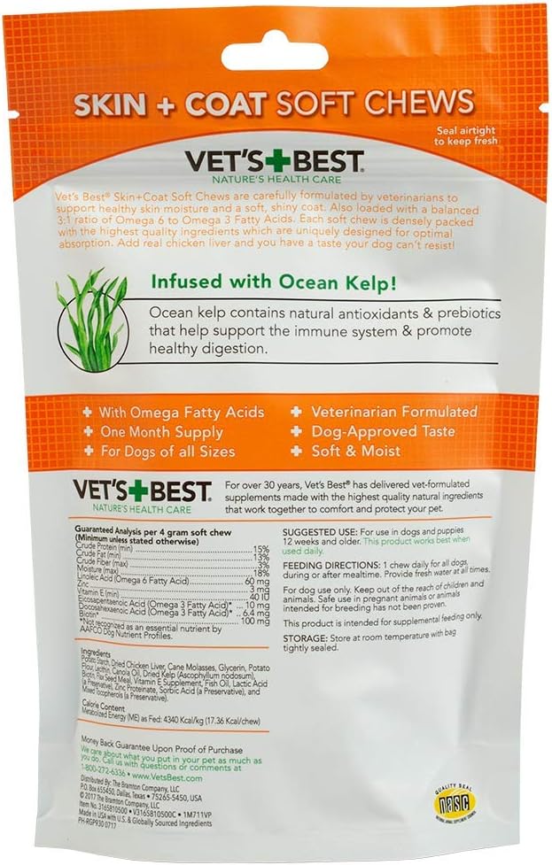 Vet's Best Skin & Coat Dog Supplements - Formulated with Vitamin E and Biotin to Maintain Dogs Healthy Skin and Coat - 50 Chewable Tablets