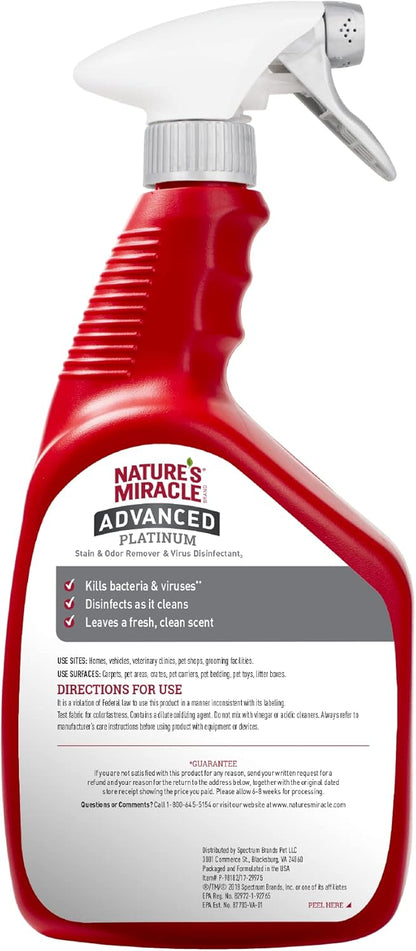 Nature's Miracle Advanced Platinum Stain and Odor Remover and Virus Disinfectant 32 Ounces, Eliminates Tough Dog Messes (Pack of 2)