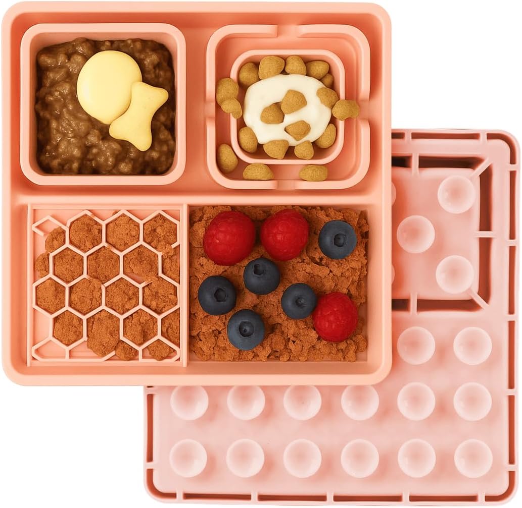 Cat & Dog Lick Mat with Suction Cups - 2-in-1 Silicone Lick Pad & Puzzle Feeder - Pet Food Mat for Anxiety Relief & Boredom - BPA-Free & Dishwasher Safe - Rose