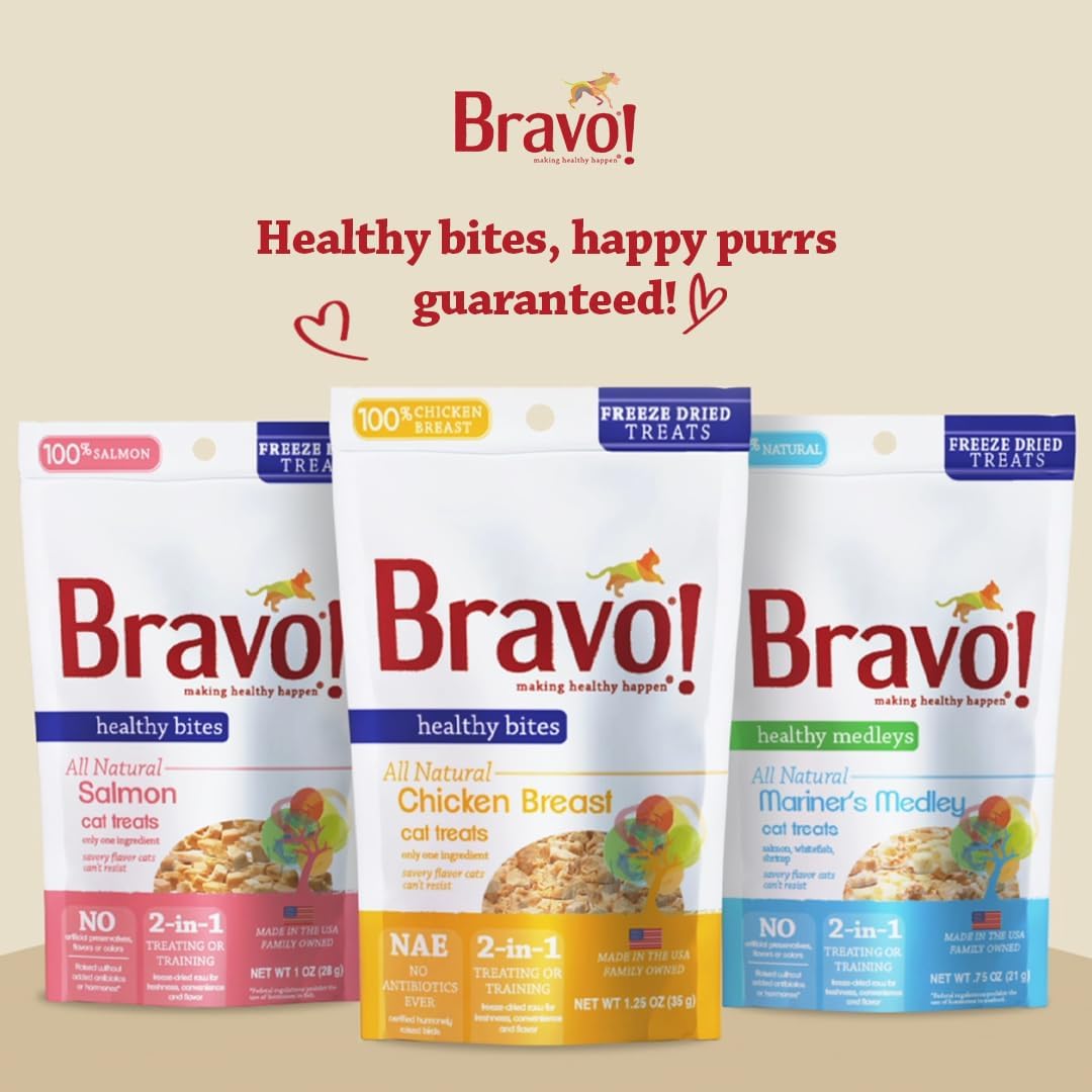 Bravo! Healthy Bites Single Ingredient Freeze Dried Raw Cat Treats, Salmon, 1 Ounce, High Protein, Grain Free, Gluten Free (Pack of 3)