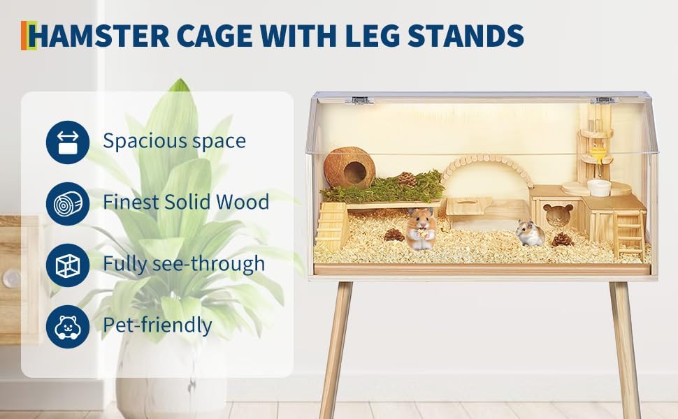 Chew-Proof Acrylic Window & Openable Top - Wooden Hamster Cage with Legs - Spacious Small Animal Habitat for Dwarf Syrian Hamsters, Gerbils, Rats, Guinea Pigs, Chinchillas - Size: 81.28×40.64×101.60cm