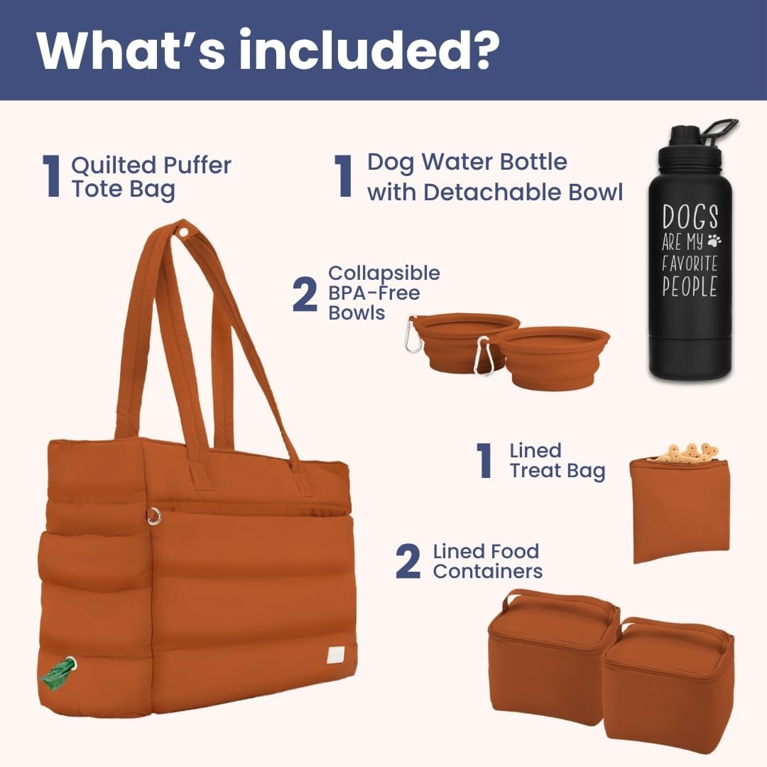rubyloo Dog Mom Essentials Bundle - Puffer Tote with Storage Containers (Rust) and 32 oz Water Bottle with Detachable Bowl (Dogs Are My Favorite People) - Travel Bag and Hydration Set