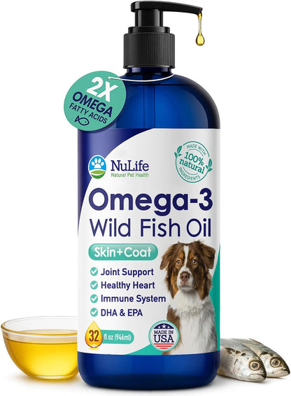 Liquid Fish Oil for Dogs with Omega 3, 6 & 9 Fatty Acids, Wild Caught from Iceland, Skin and Coat Supplement for Shedding, Itchy Skin, Allergies, Brain and Heart Health, Rich in EPA + DHA - 32 oz
