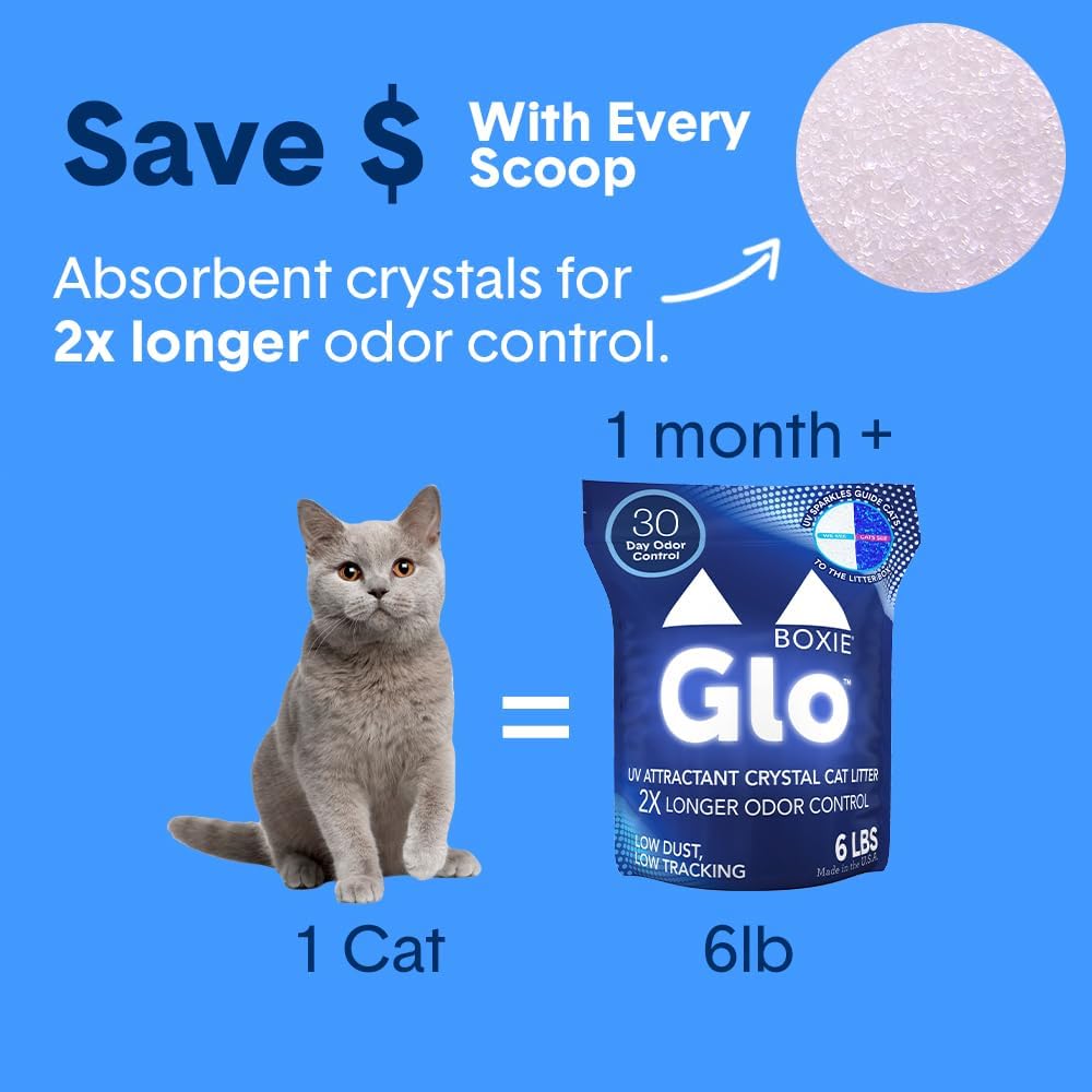 Boxie® Glo™ 30 Day Odor Control Non-Clumping Crystal Cat Litter, 6 lb, Natural Attractions, UV Light Attractant, Soft Granules, 99.9% Dust-Free, Long-Lasting for Multi-Cat Homes