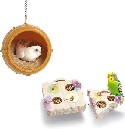 Bird Nest for Cage Swing, Chewproof Small Bird Bed Hanging House Hut & 2Pcs Wooden Small Bird Foraging Toys, Interactive Parakeet Foraging Toys for Cage, Bird Enrichment Toys