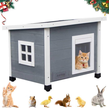 Outdoor Wooden Pet House, Weatherproof Winter Shelter for рuррy and Cats, Elevated Design with Window (Gray)