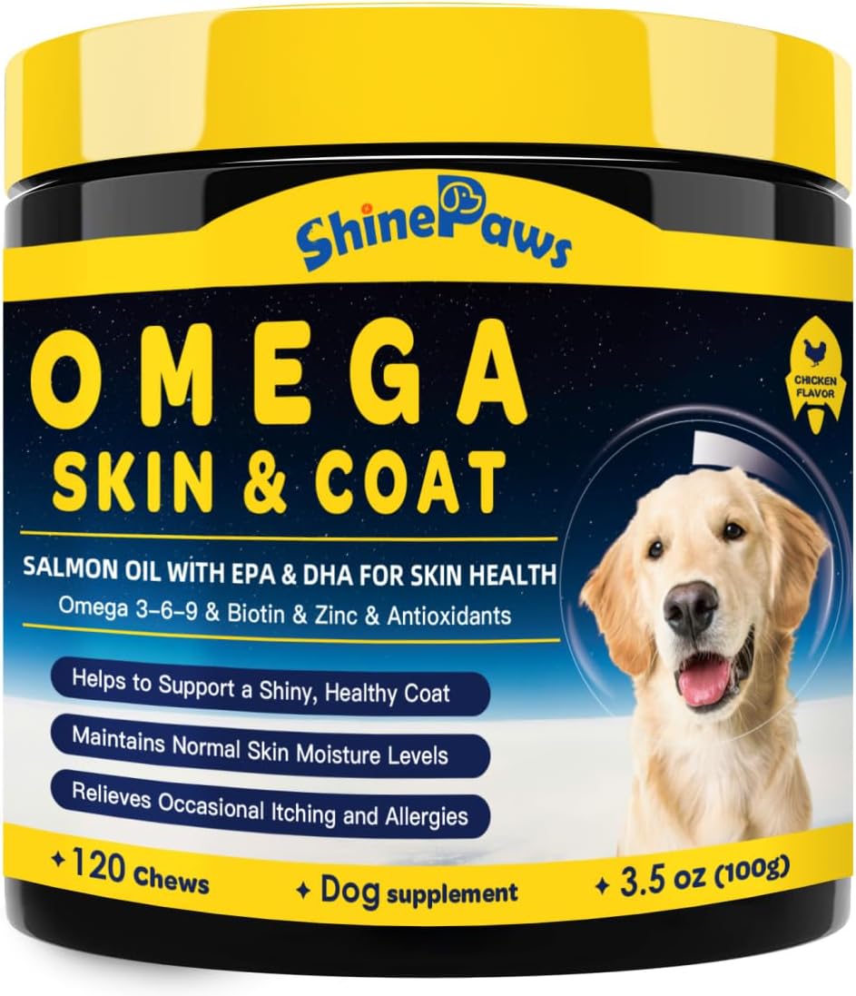 Omega 3 for Dogs, Salmon Fish Oil for Dogs Skin and Coat Chew with Omega 3 6 9 (EPA+DHA), ZINC, BIOTIN and Vitamin E & C for Dog Hot Spot Treatment, Itchy Skin Relief, 120ct Chicken Flavored