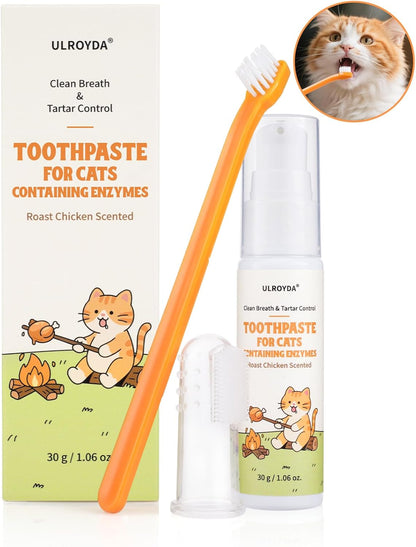 Enzymatic Cat Toothpaste Kit – Roast Chicken Flavor Dental Care for Cats & Kittens | Fights Plaque, Tartar & Bad Breath | Includes Toothbrush & Finger Brush, 1.06 oz