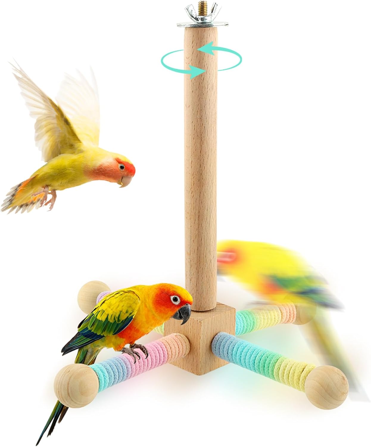 Parrot Spinning Windmill Perch, Bird Toy Rotating Stand for Parakeets, Cockatiels, Budgies - Interactive Wooden Cage Accessory, Enrichment Toy for Small & Medium Parrots, Lovebirds